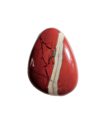 Kamień naturalny jaspis czerwony z pasemkiem agatu,
ręcznie formowany, szlif kaboszonowy.