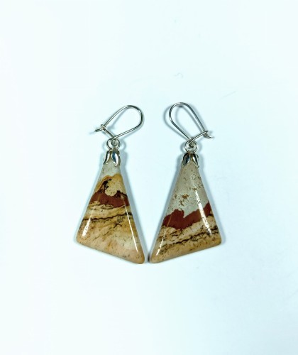 Wiszące kolczyki, jaspis obrazkowy, trójkąty, posrebrzane bigle