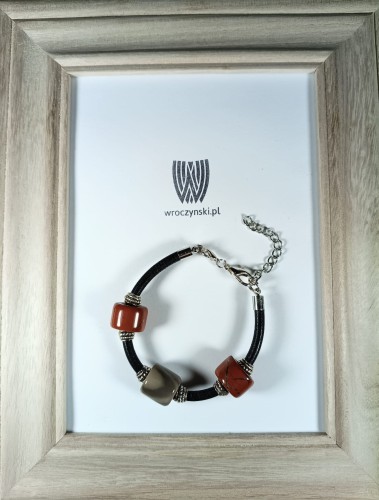 Bransoletka z jaspisem i krzemieniem pasiastym na czarnym rzemieniu 18 cm + 5 cm przedłużka
